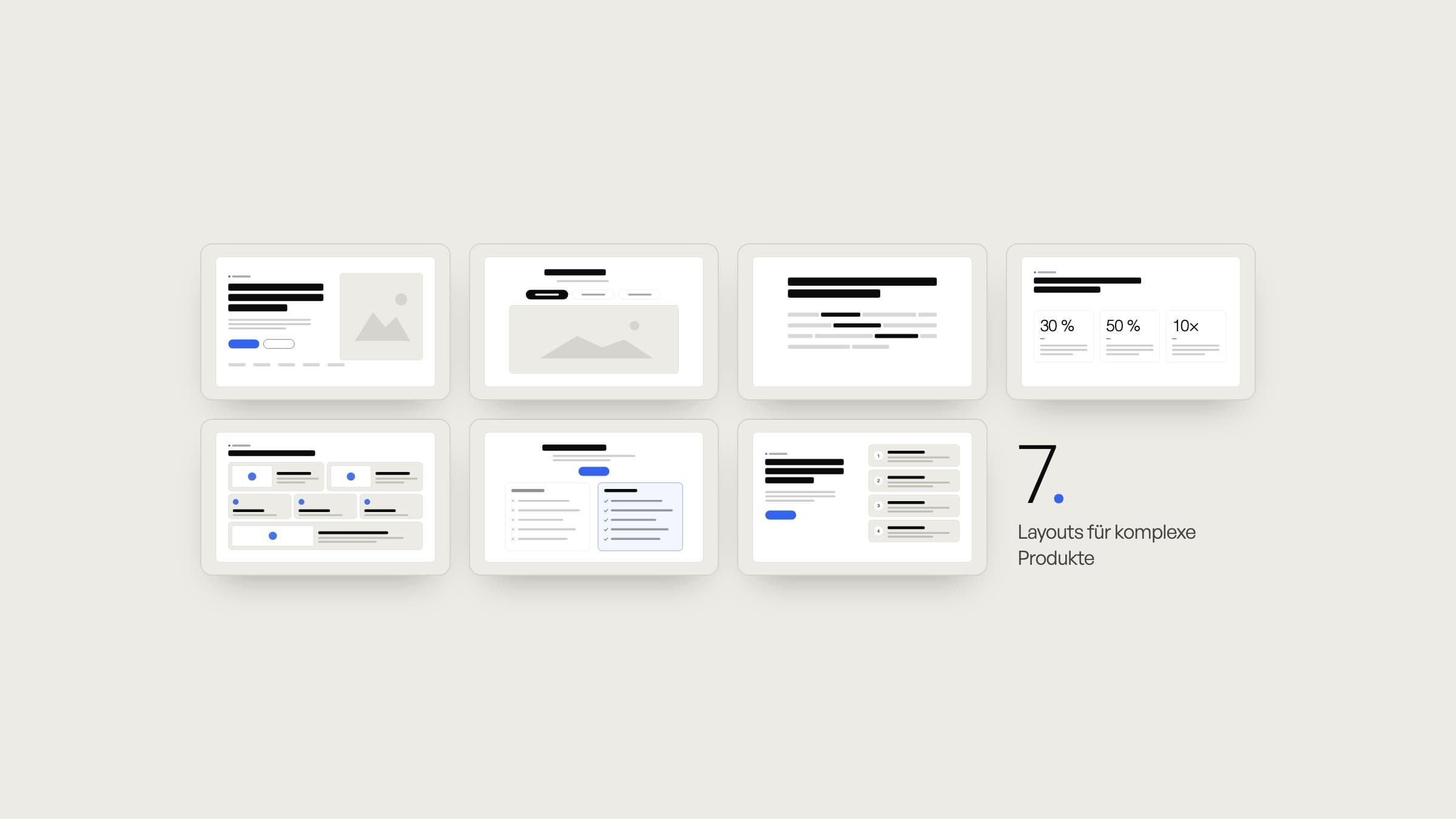 Sieben Layouts als Schemata: Kopfbereich, Reiter, Text-Fokus, Kennzahlen, Bento-Raster, Vorher-Nachher, Prozess