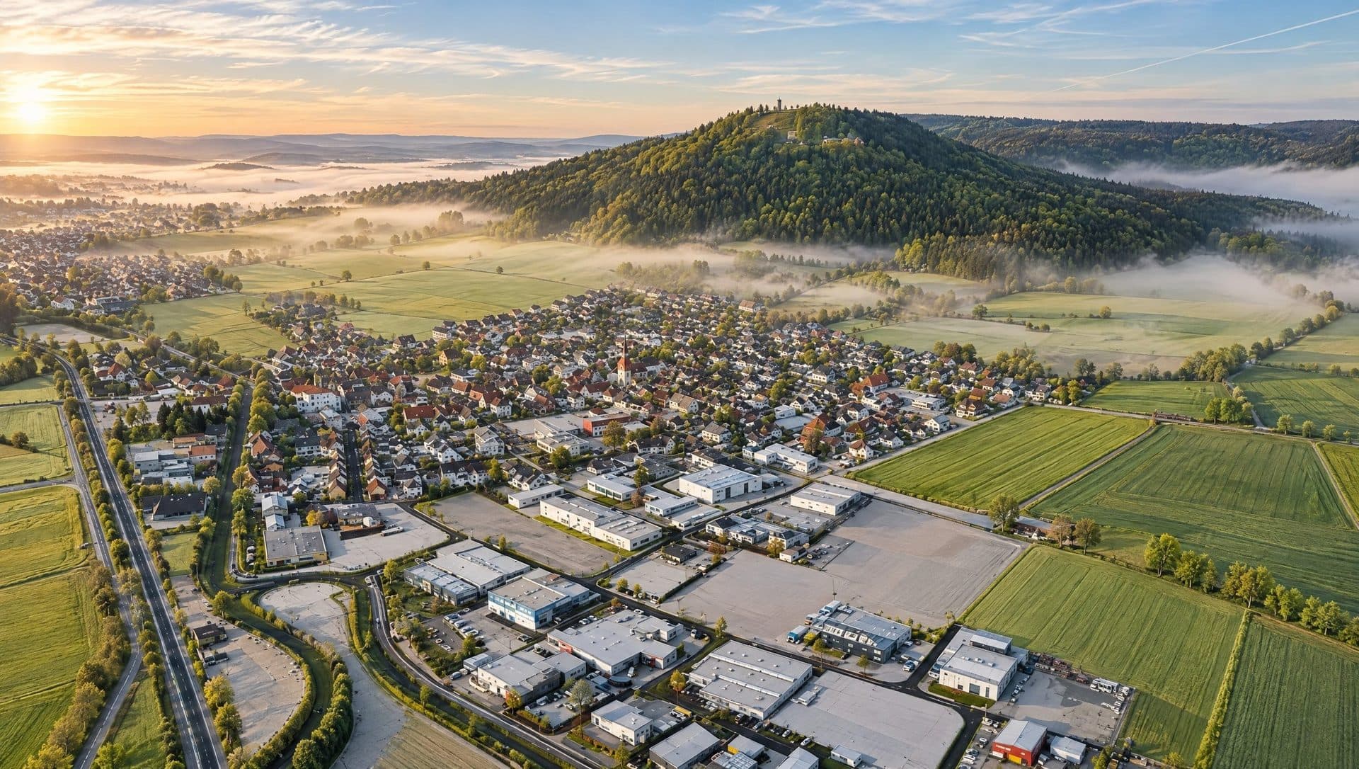 Balgheim aus der Luft am frühen Morgen, KI-Bild nach unserem eigenen Drohnenfoto