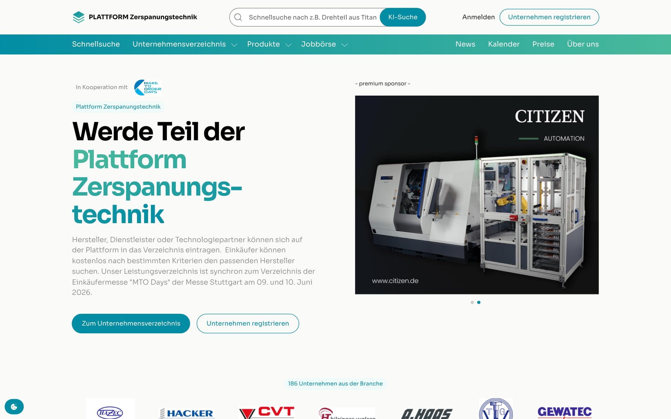 Plattform Zerspanungstechnik: Kopfbereich der Startseite