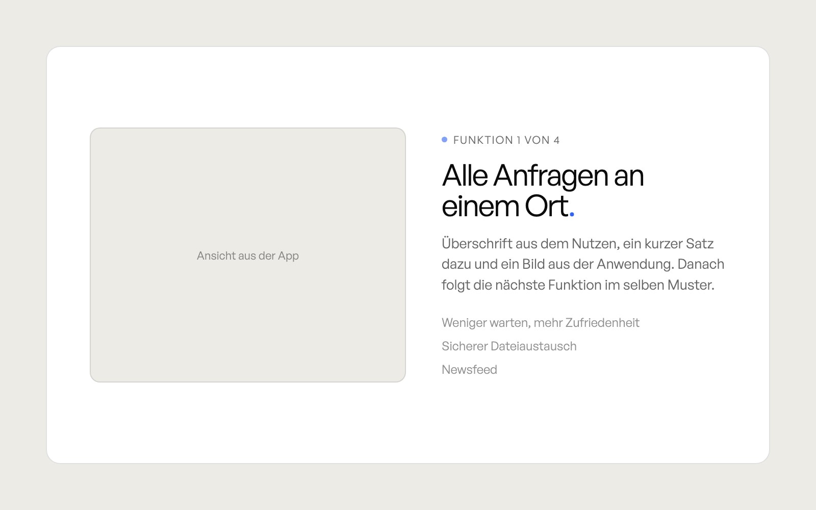 Beispiel Funktions-Sektion: links die Ansicht aus der App, rechts die Überschrift „Alle Anfragen an einem Ort“ mit kurzem Text