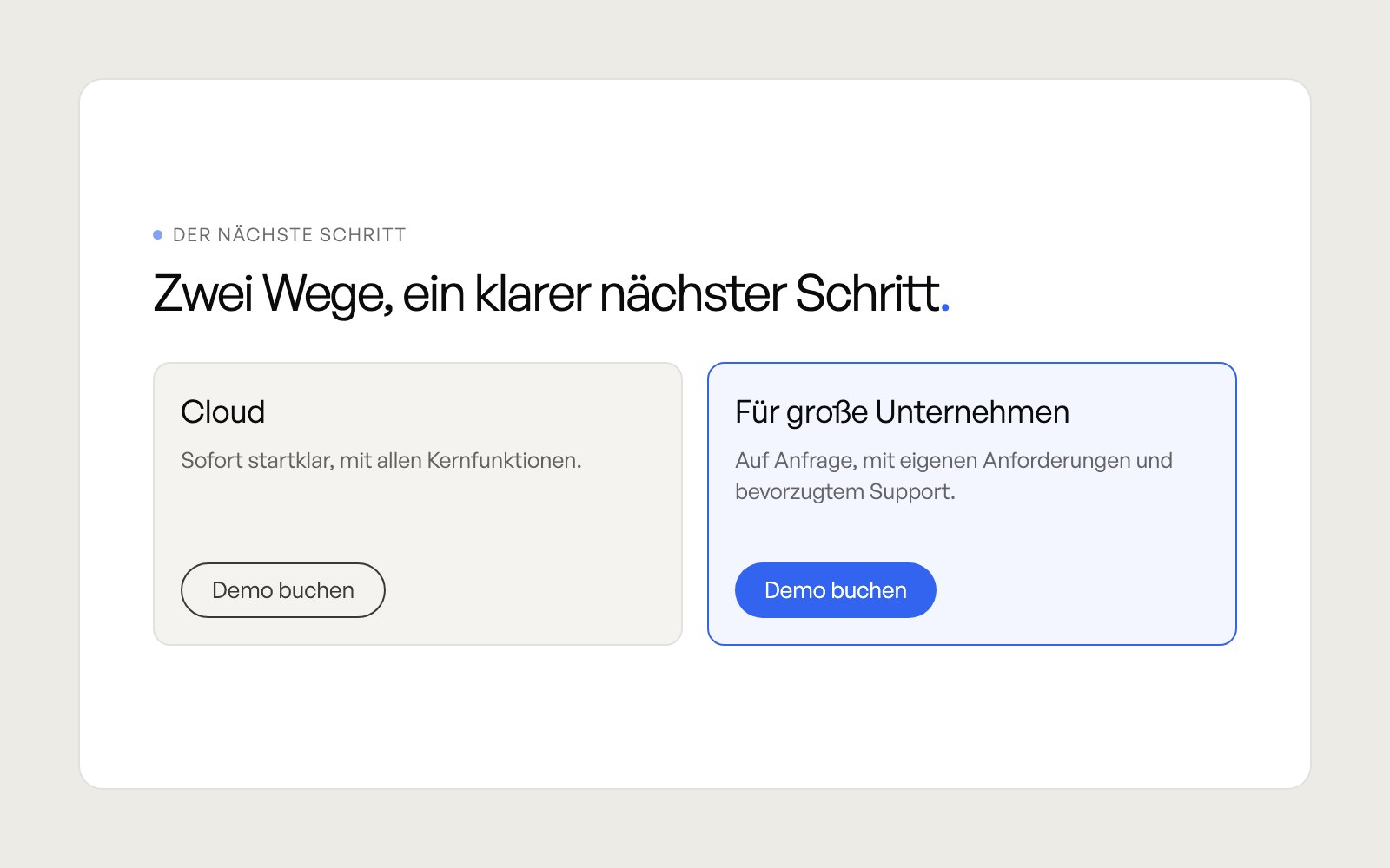 Beispiel Handlungsaufruf: zwei Pakete nebeneinander, jedes mit der Schaltfläche „Demo buchen“