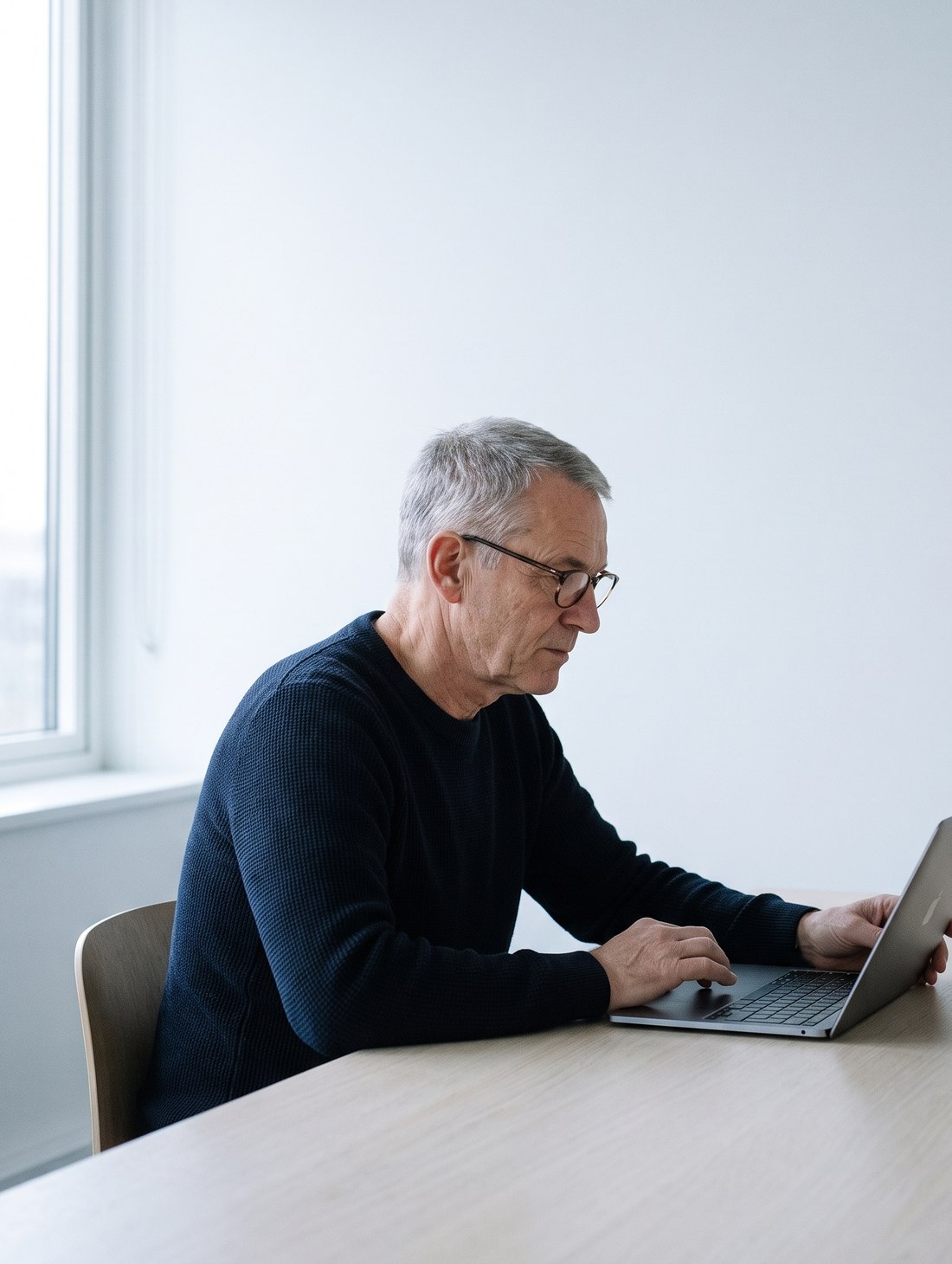Geschäftsführer arbeitet am Laptop in einem hellen, ruhigen Raum